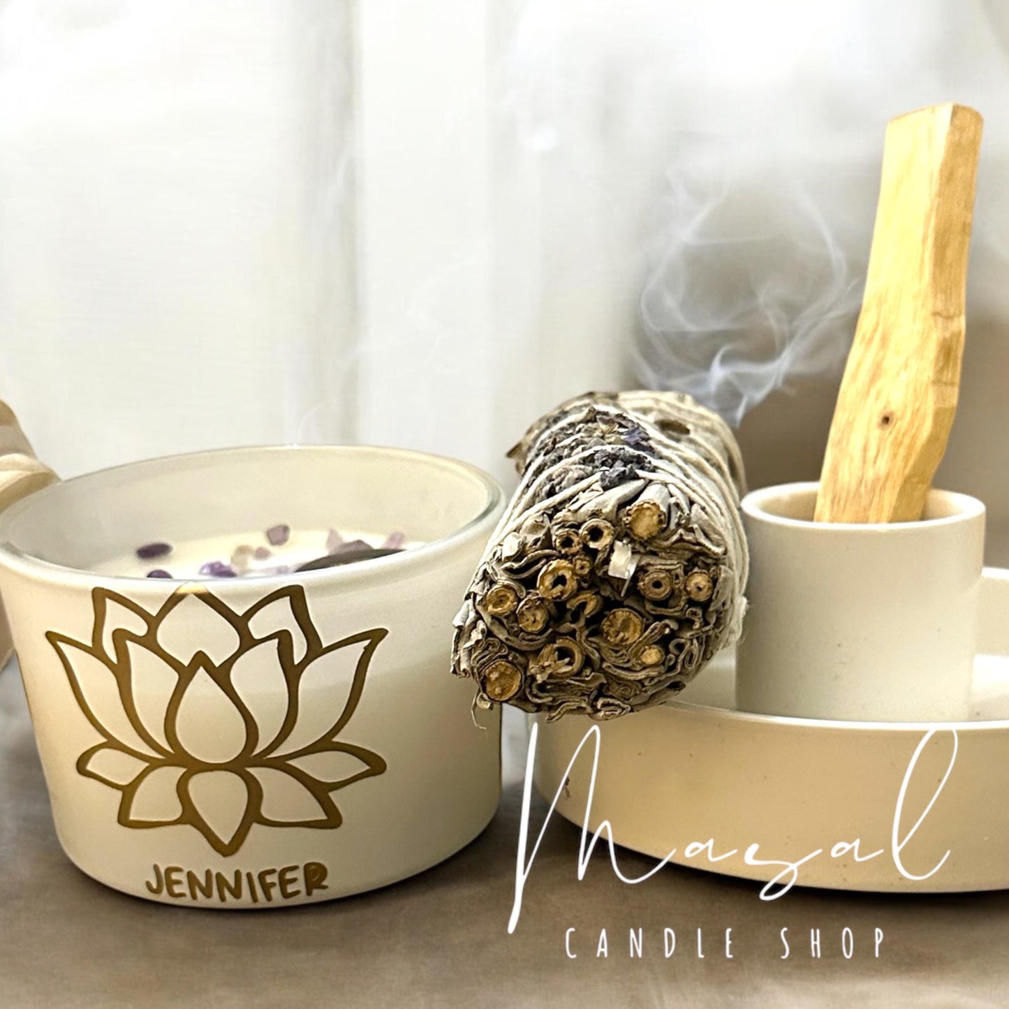 Amethyst Candle with Sage and Palo Santo and ceramic palo santo burner Set - Crystal Healing & Cleansing Ritual Kit