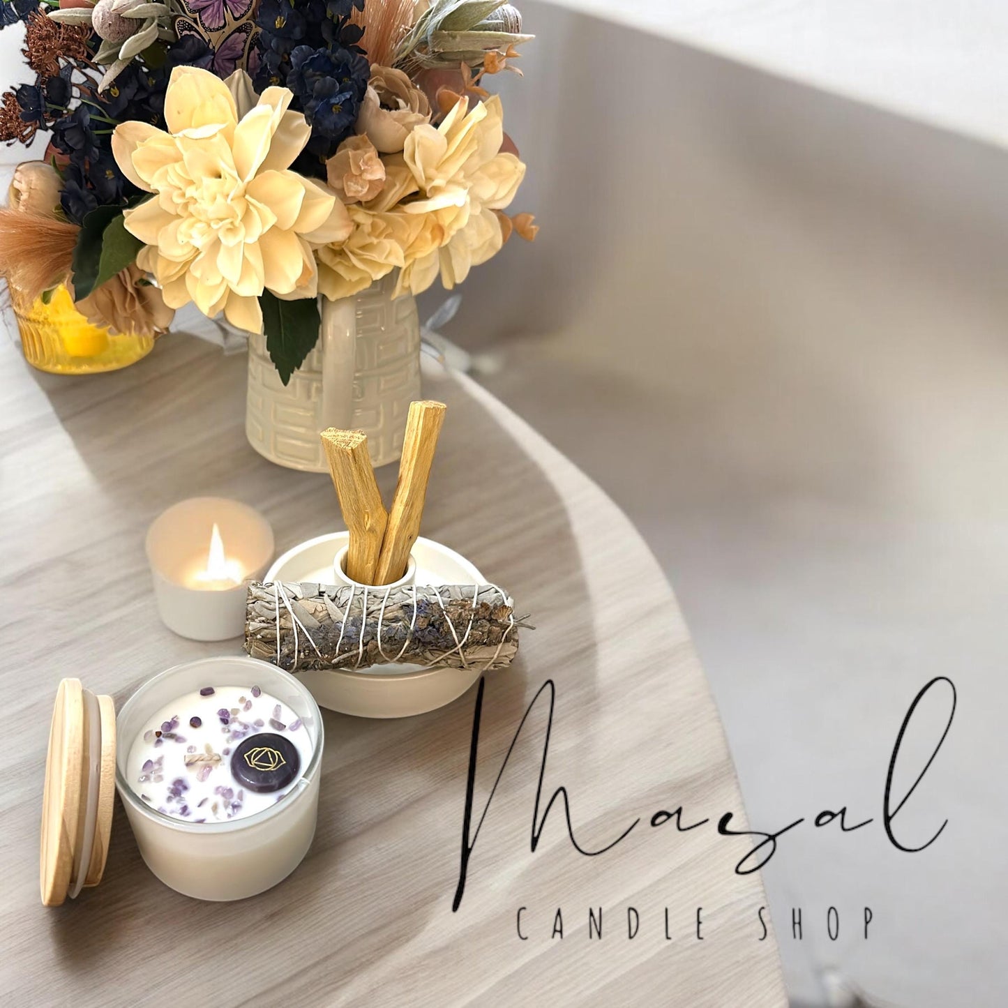 Amethyst Candle with Sage and Palo Santo and ceramic palo santo burner Set - Crystal Healing & Cleansing Ritual Kit