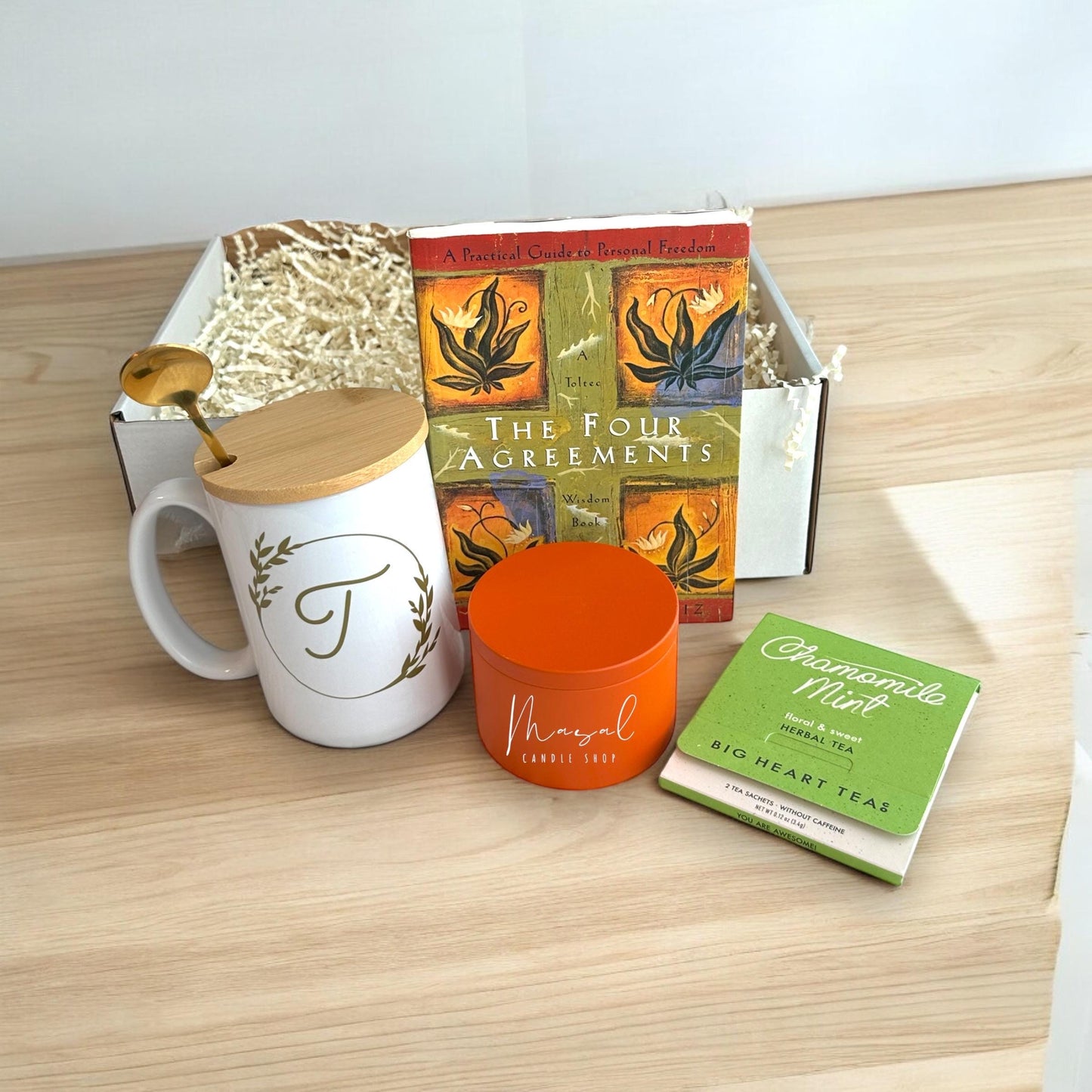 Mindfulness Gift Box | The Four Agreements by Don M. Ruiz, Monogram Mug, Herbal Tea & Candle Set | Relaxation Gift