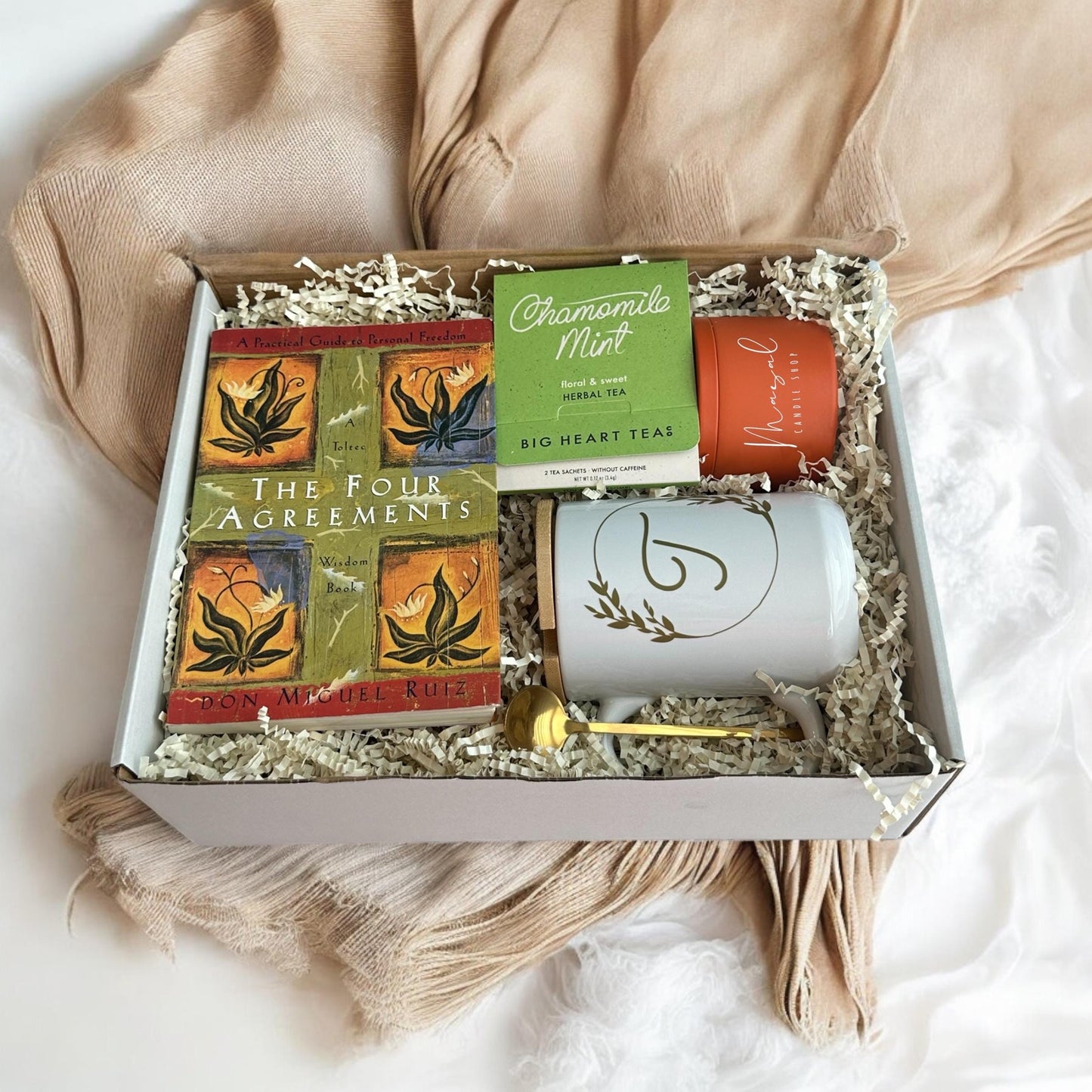 Mindfulness Gift Box | The Four Agreements by Don M. Ruiz, Monogram Mug, Herbal Tea & Candle Set | Relaxation Gift