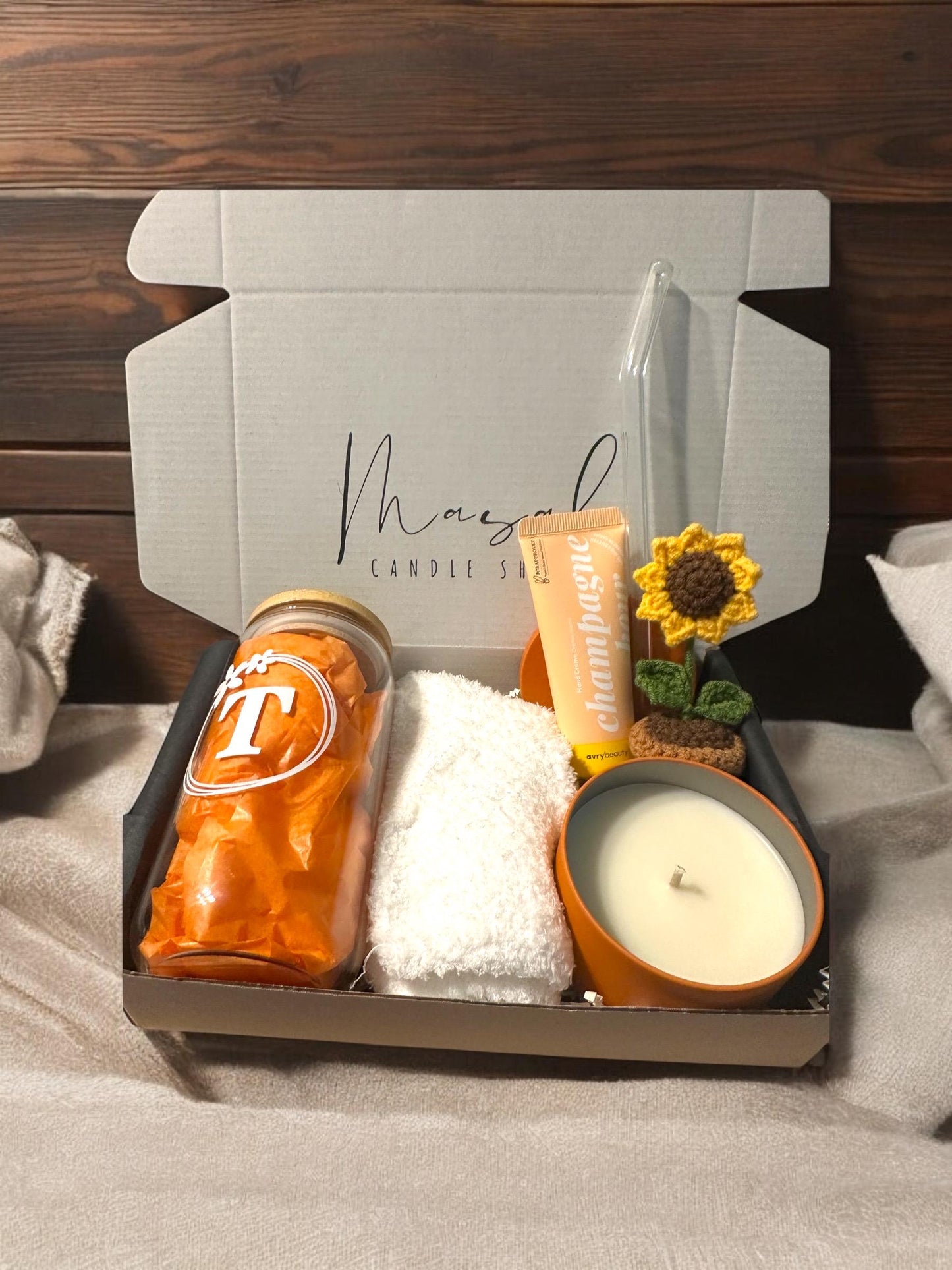 Cozy Gift Box - Personalized Tumbler, Candle, Socks & Champagne hr hand lotion | Birthday, Self-Care, Thank You, or Cheer Up Gift
