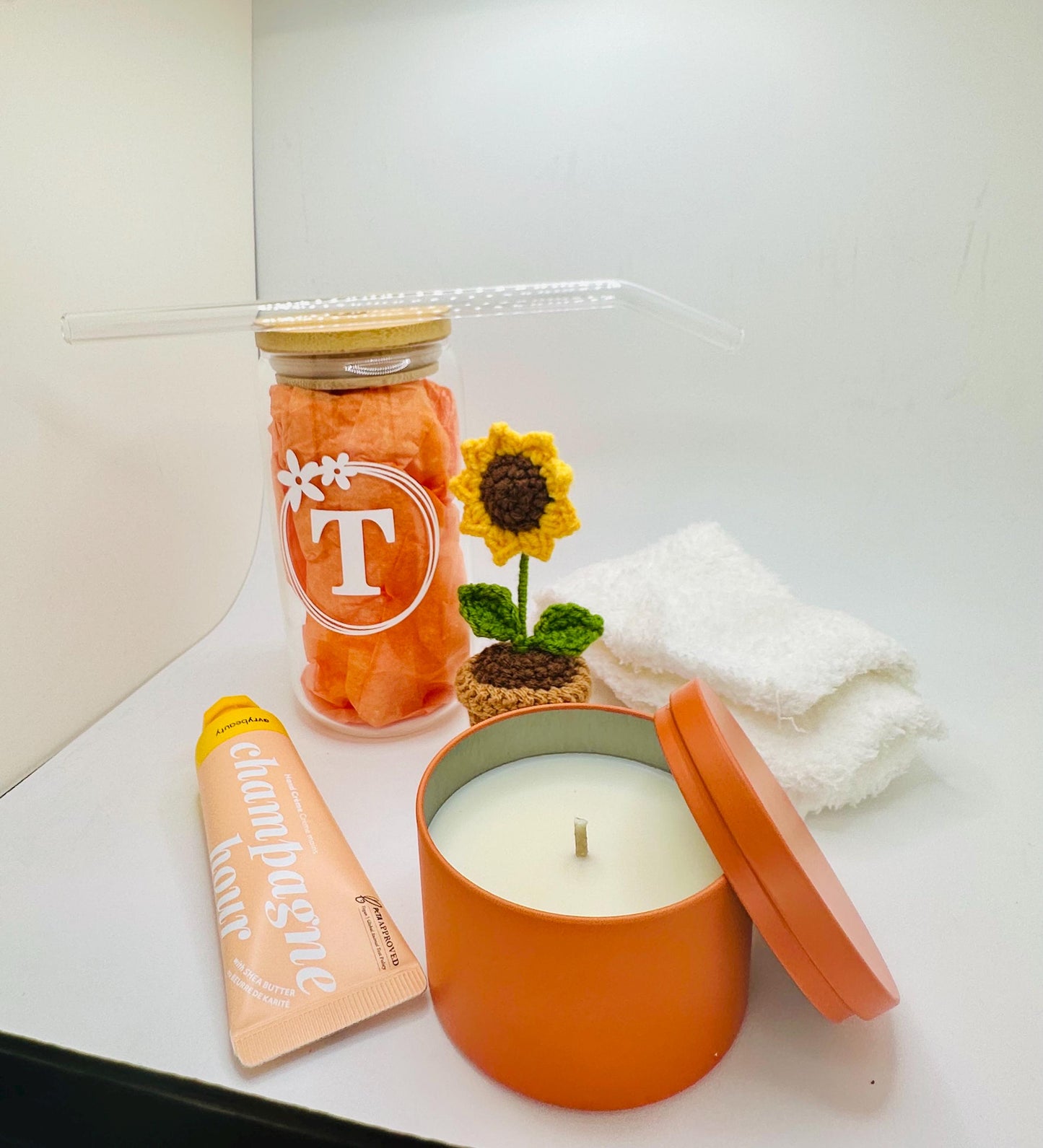 Cozy Gift Box - Personalized Tumbler, Candle, Socks & Champagne hr hand lotion | Birthday, Self-Care, Thank You, or Cheer Up Gift