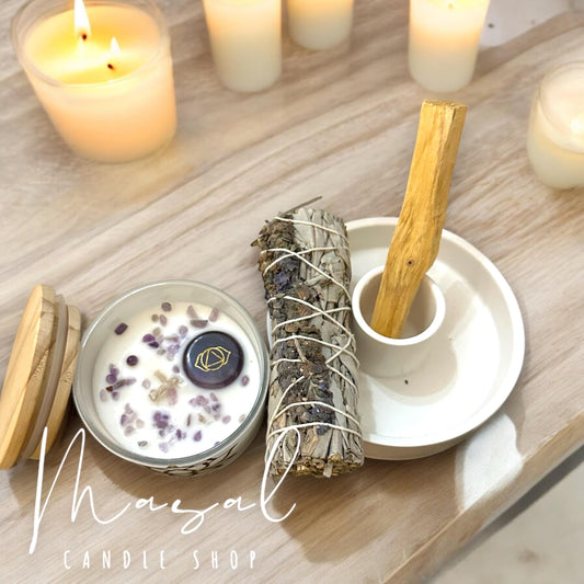 Amethyst Candle with Sage and Palo Santo and ceramic palo santo burner Set - Crystal Healing & Cleansing Ritual Kit