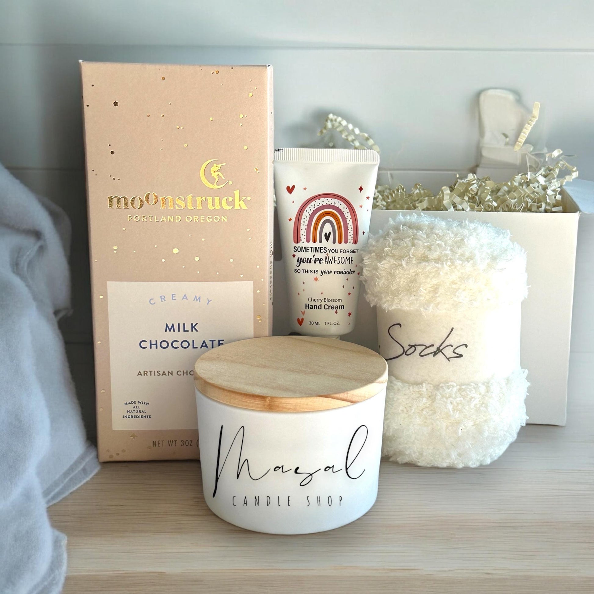 Elegant hygge gift set | cozy self care gift box | unique birthday present ideas | sweet treats and candles | handmade custom gift |