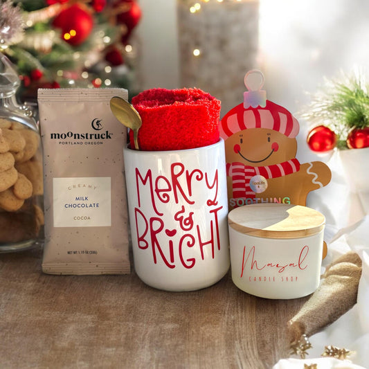 Cozy Christmas Gift Box | Hot Cocoa Mug, Red Fluffy Socks, Candle, and Gingerbread Facial Mask | Holiday Self-Care Set