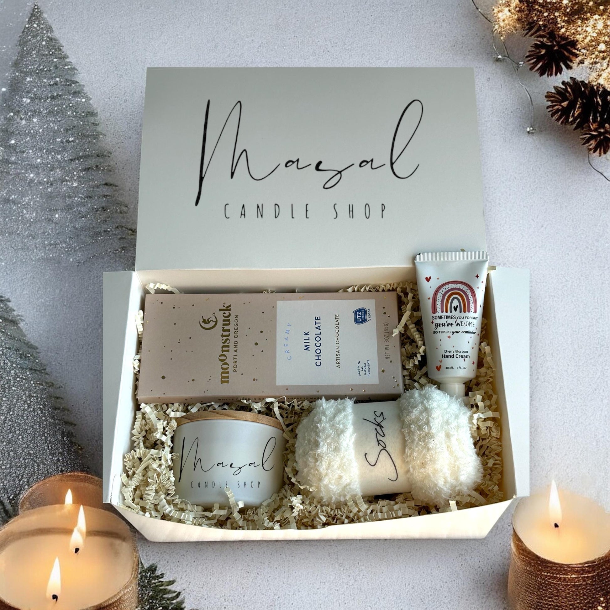 Elegant hygge gift set | cozy self care gift box | unique birthday present ideas | sweet treats and candles | handmade custom gift |