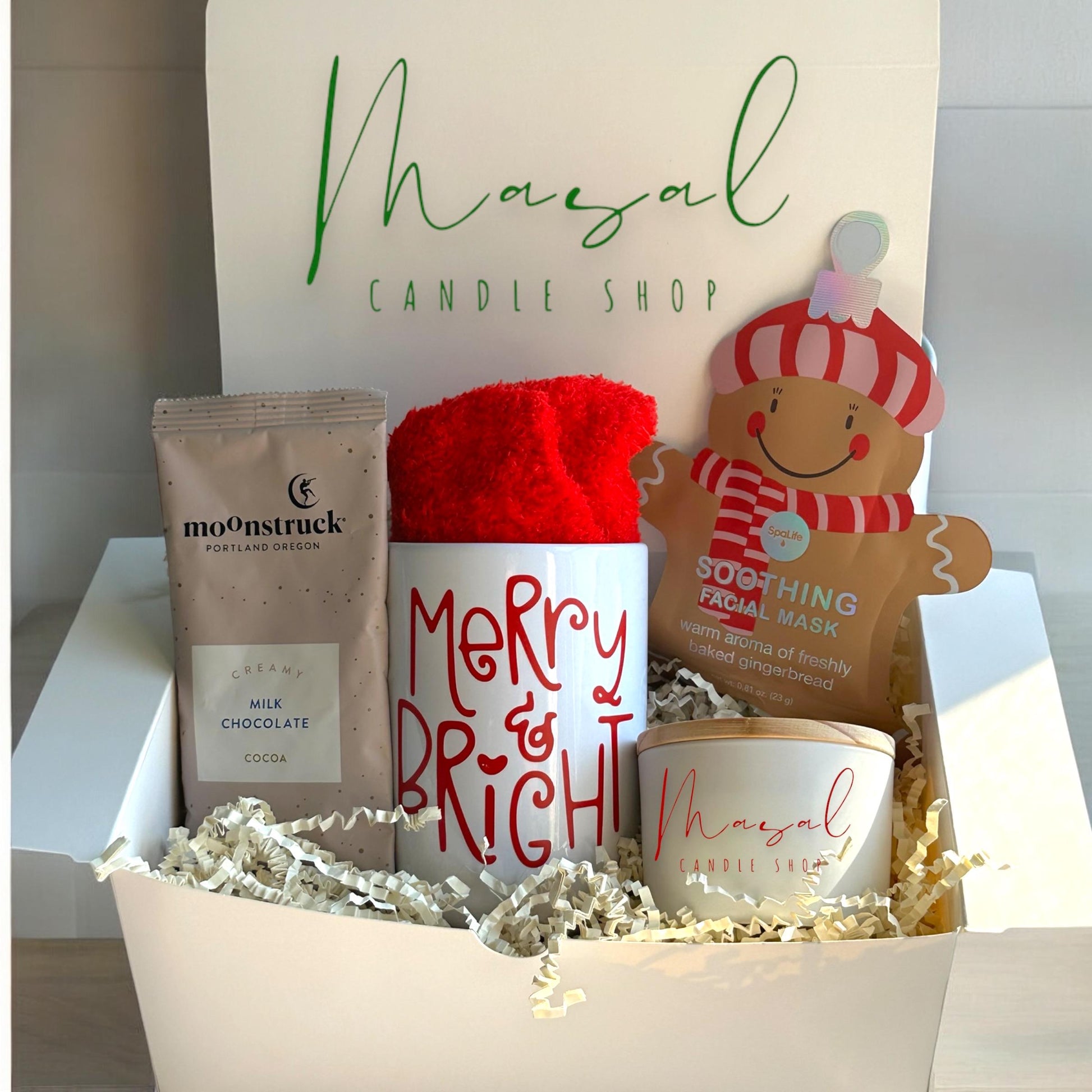 Cozy Christmas Gift Box | Hot Cocoa Mug, Red Fluffy Socks, Candle, and Gingerbread Facial Mask | Holiday Self-Care Set