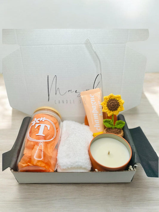 Cozy Gift Box - Personalized Tumbler, Candle, Socks & Champagne hr hand lotion | Birthday, Self-Care, Thank You, or Cheer Up Gift