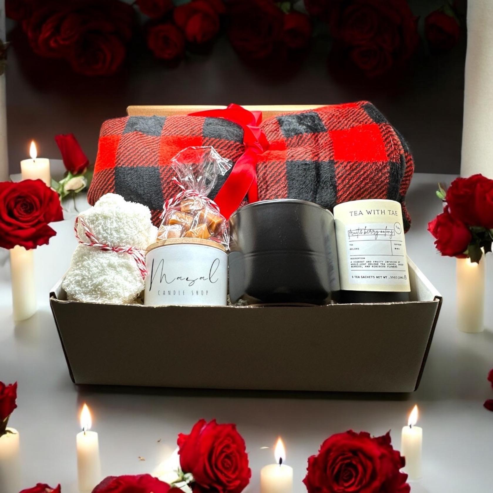 Cozy Gift Box for Him & Her - Romantic Valentine’s, Anniversary, Get Well Soon - Blanket, Mug, Tea, Candle Snacks